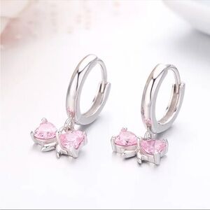 Sterling Silver Bowknot Drop Dangle Earrings Pink Synthetic Cubic Zirconia 🎀